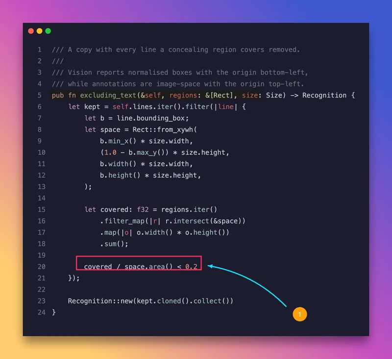 The same code marked up in PixCap: a red box around one line, a curved arrow pointing at it, a numbered marker, and a yellow highlight across the function signature — on a violet gradient.
