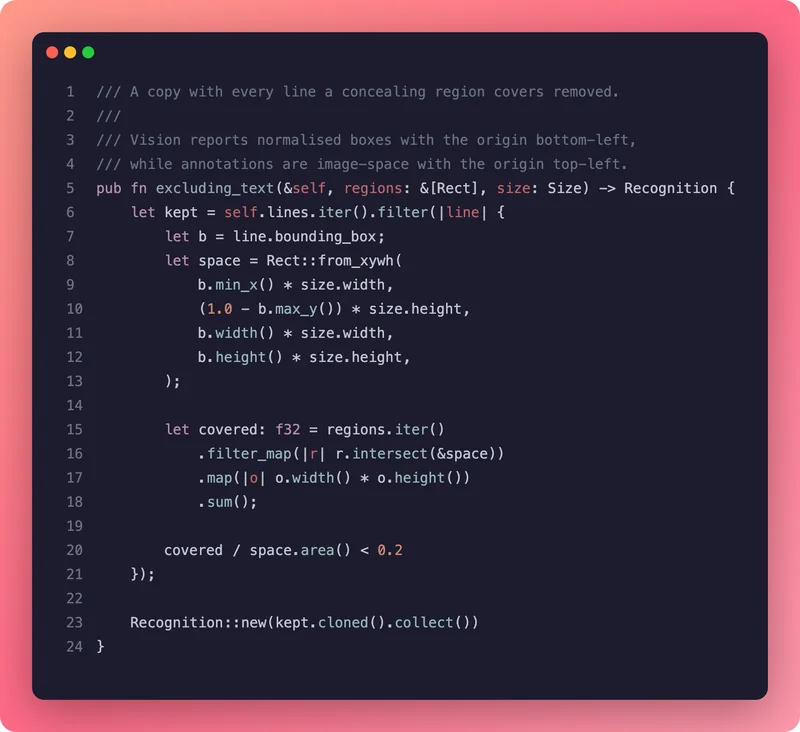 A Rust function rendered as a code snippet in the Candy theme, syntax highlighted on a coral gradient.