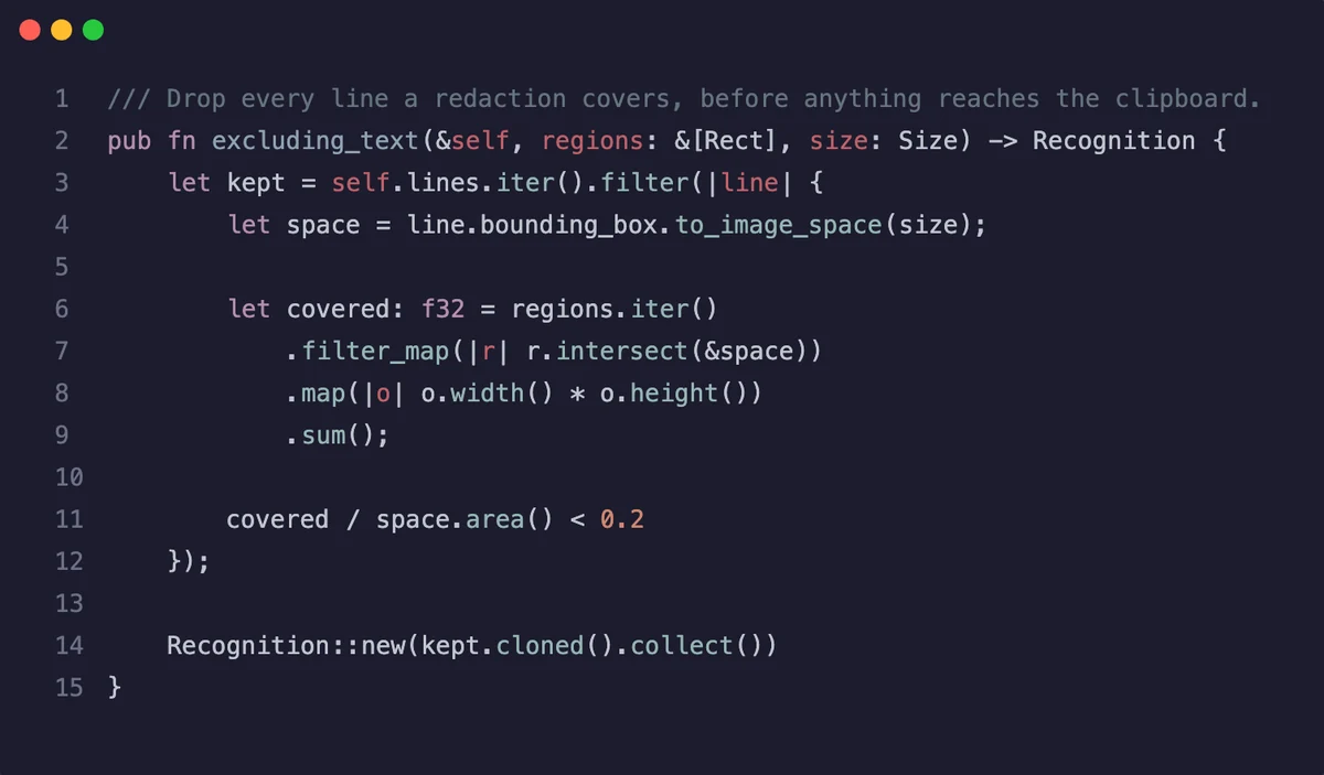 A window showing a syntax-highlighted Rust function, sitting on a violet gradient canvas.